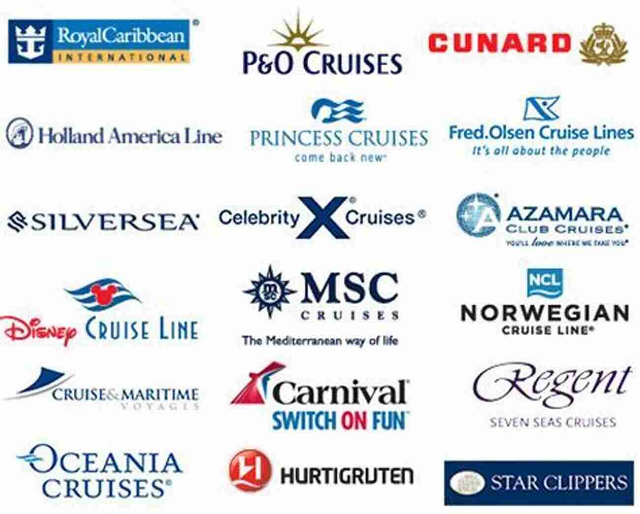 Collage Of Cruise Line Logos Symbolizing The Impact On Different Companies Covid Outbreaks Onboard Cruise Ships Are Causing Cruise Lines To Cancel : COVID IN CRUISE SHIP