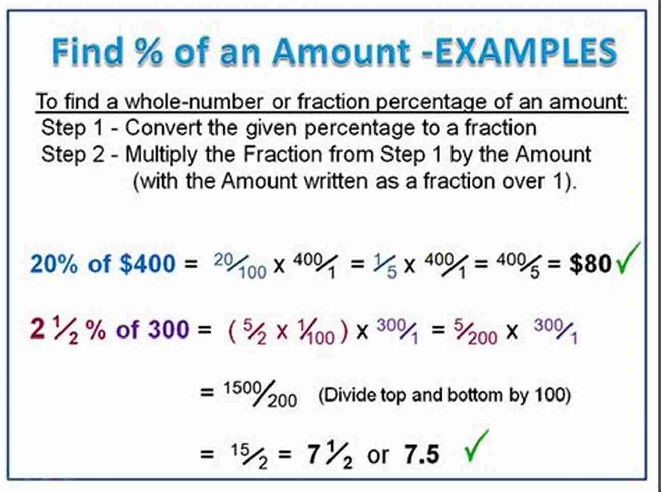 Percentage Of A Whole Example: Student A's Percentage = (70 / 100) X 100 = 70% Student B's Percentage = (80 / 100) X 100 = 80% Student C's Percentage = (90 / 100) X 100 = 90% Percentages (Easy Steps Math 3)