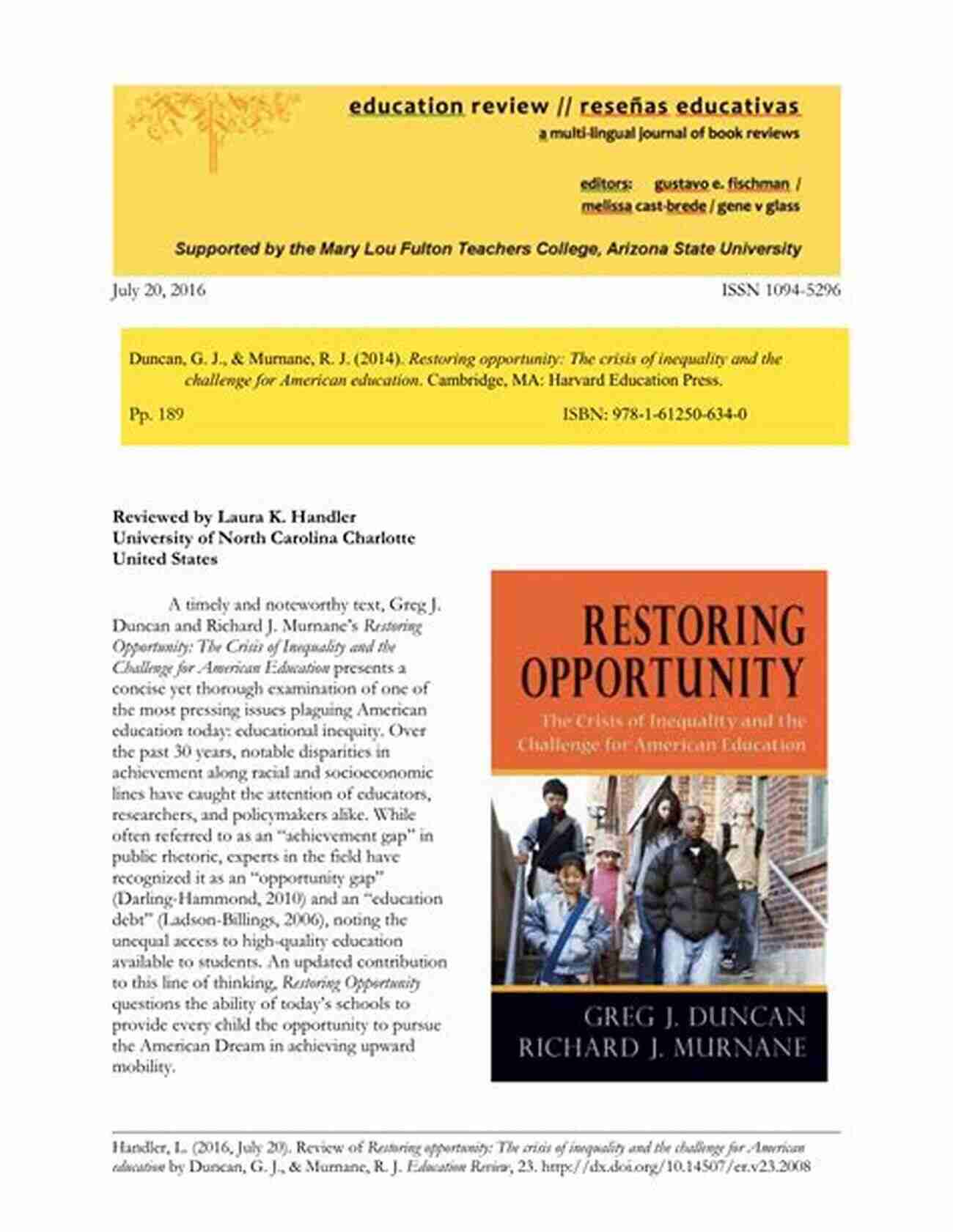 The Crisis Of Inequality And The Challenge For American Education Restoring Opportunity: The Crisis Of Inequality And The Challenge For American Education